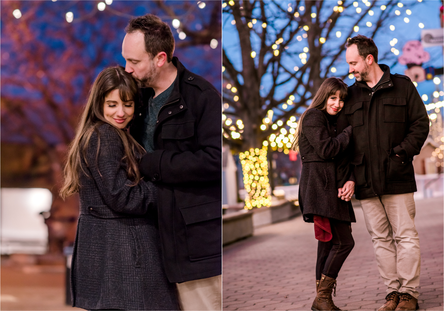 Snowy Winter Engagement in Old Town Fort Collins with twinkle lights | Britni Girard Photography, Colorado Wedding Photographer