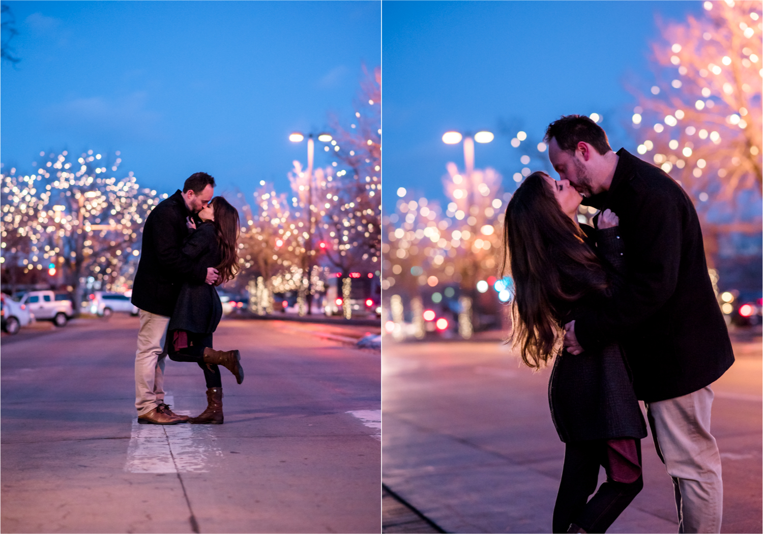 Snowy Winter Engagement in Old Town Fort Collins with twinkle lights | Britni Girard Photography, Colorado Wedding Photographer
