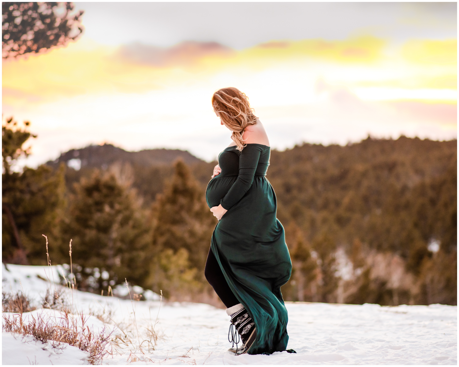 Sarah Brooks Styled Winter Maternity Session | Britni Girard Photography - Colorado Lifestyle Photographer - Black Dress maternity shoot in rocky mountains | Hair and Makeup by Chaundra Nelms Revier Glam 5280