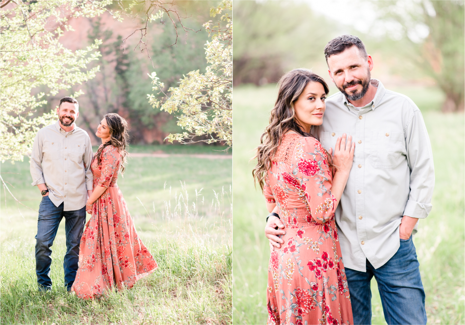 Romantic Summer Engagement at Red Rock Canyon Park in Colorado Springs | Britni Girard Photography Colorado Wedding Photographer and Videographer | Floral Dress, Green Dress, Grassy Fields, Rustic Boho Engagement