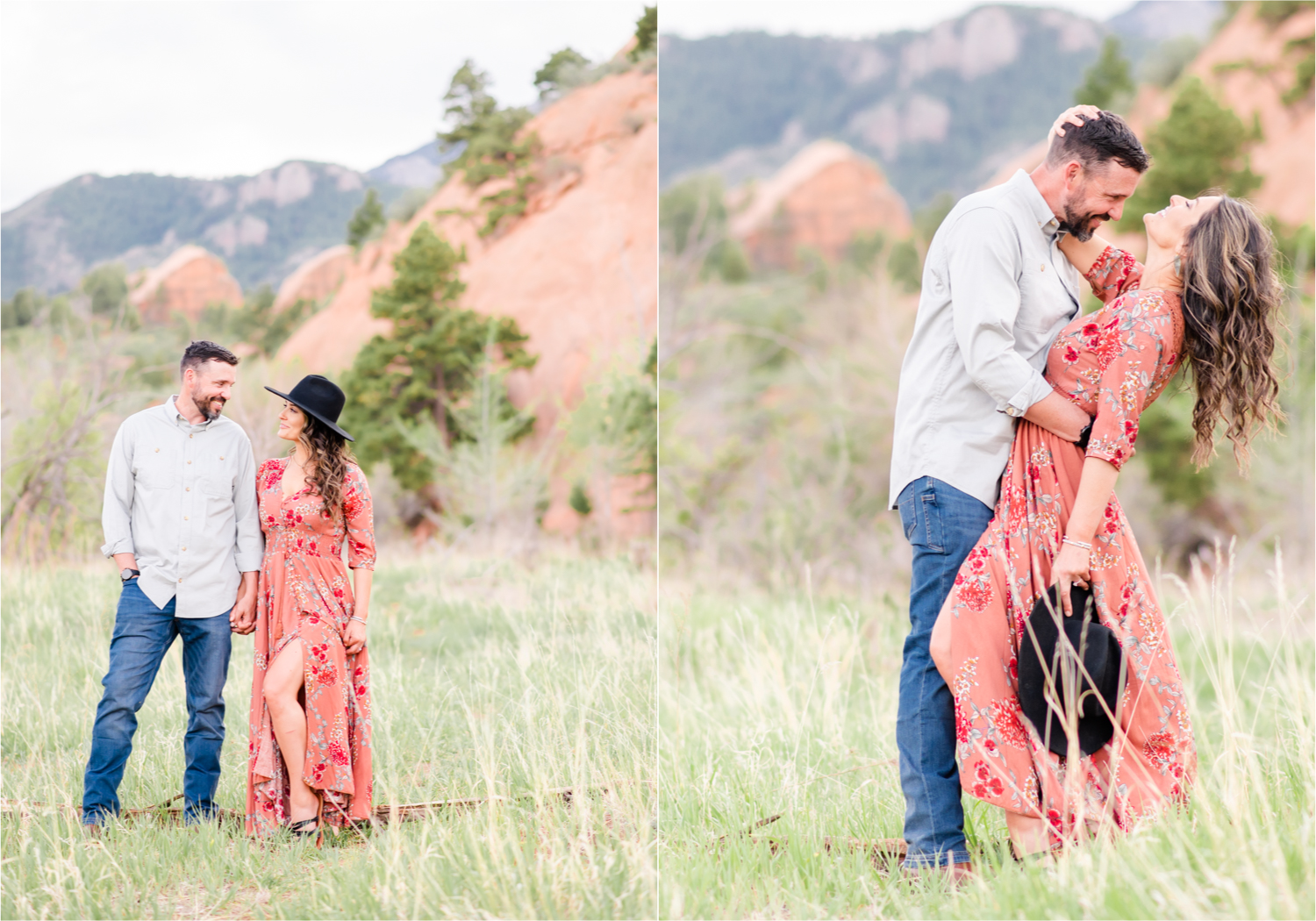Romantic Summer Engagement at Red Rock Canyon Park in Colorado Springs | Britni Girard Photography Colorado Wedding Photographer and Videographer | Floral Dress, Green Dress, Grassy Fields, Rustic Boho Engagement