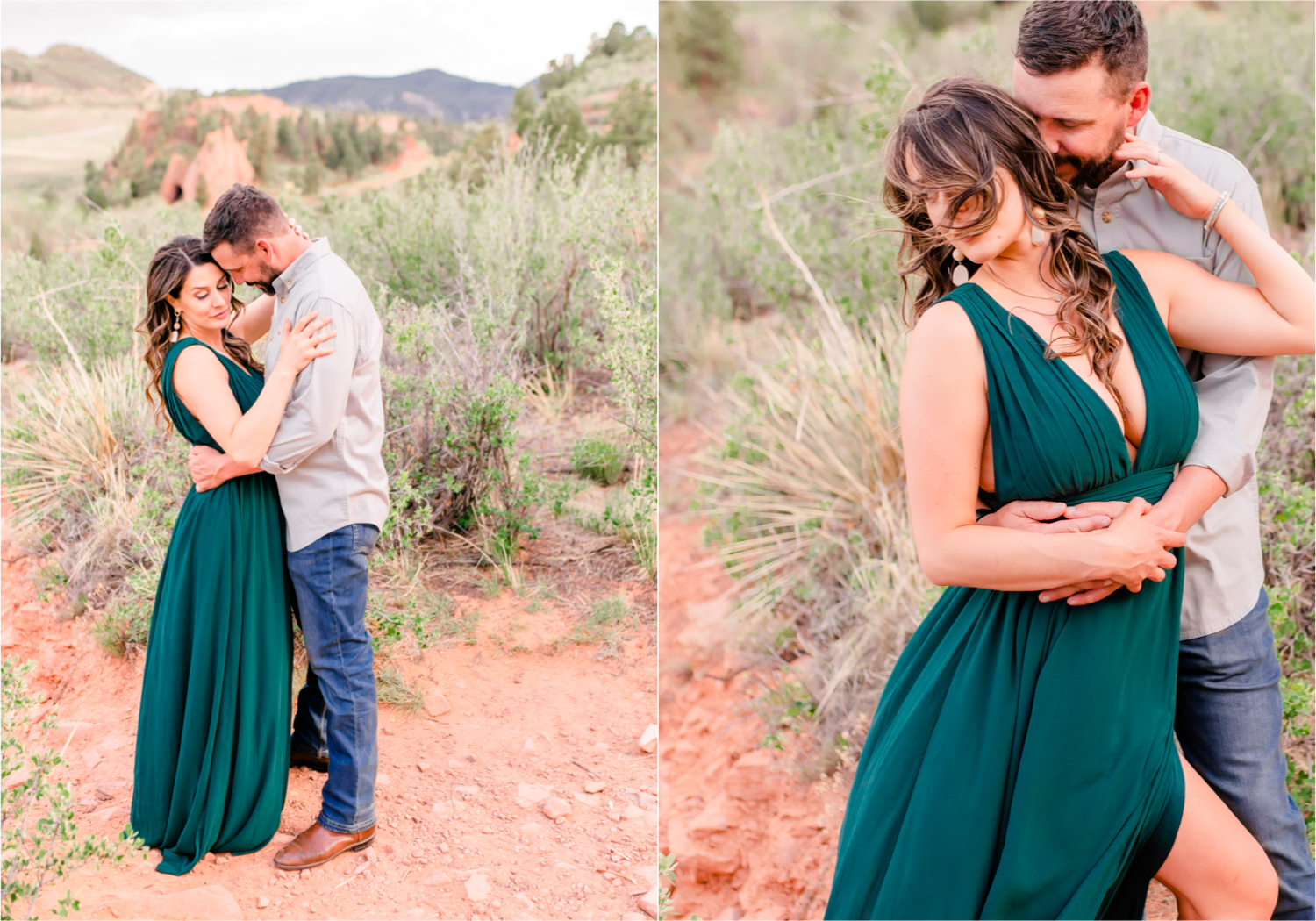 Romantic Summer Engagement at Red Rock Canyon Park in Colorado Springs | Britni Girard Photography Colorado Wedding Photographer and Videographer | Floral Dress, Green Dress, Grassy Fields, Rustic Boho Engagement