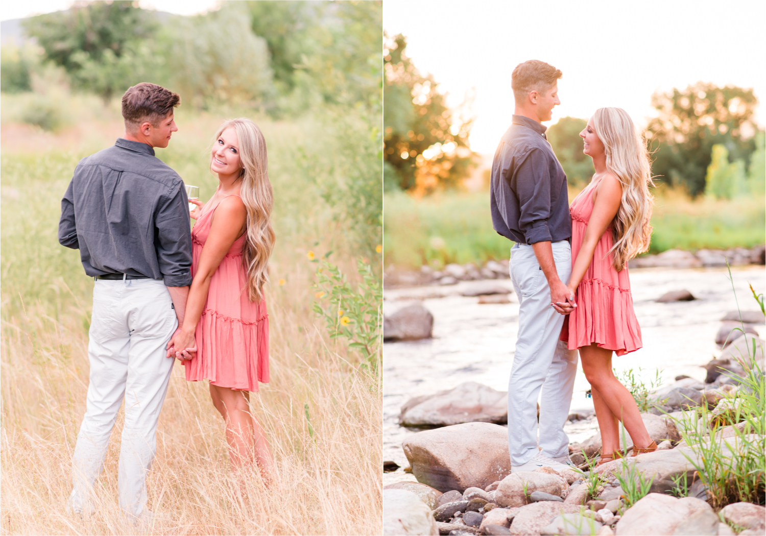Romantic Winery engagement at Sweet Heart Winery in Loveland  | Britni Girard Photography, Colorado Wedding Photographer | Strolls along the Big Thompson River at Sunset, toasting their engagement with Sweet Heart Wine and dancing in the field during sunset