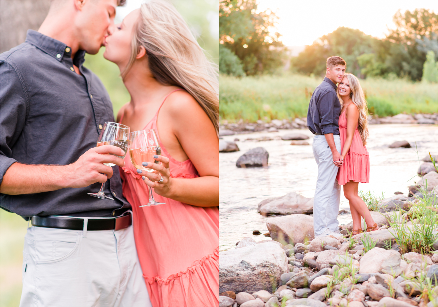 Romantic Winery engagement at Sweet Heart Winery in Loveland  | Britni Girard Photography, Colorado Wedding Photographer | Strolls along the Big Thompson River at Sunset, toasting their engagement with Sweet Heart Wine and dancing in the field during sunset