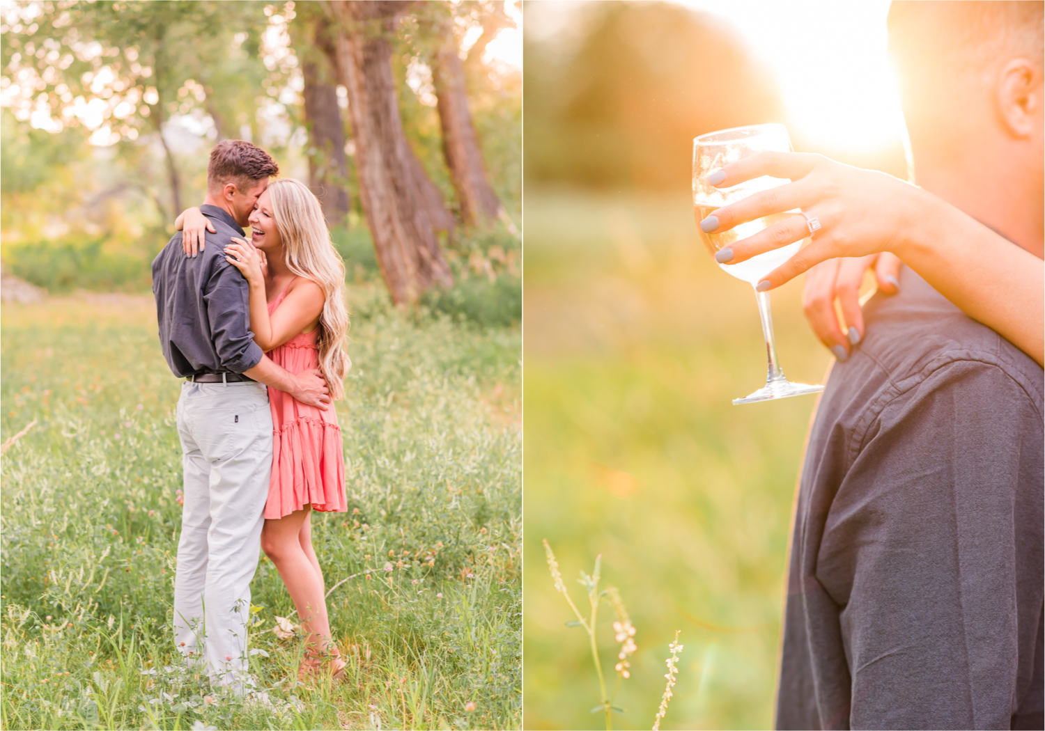 Romantic Winery engagement at Sweet Heart Winery in Loveland  | Britni Girard Photography, Colorado Wedding Photographer | Strolls along the Big Thompson River at Sunset, toasting their engagement with Sweet Heart Wine and dancing in the field during sunset