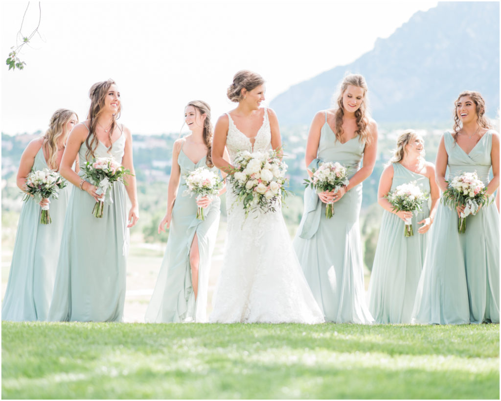 Elegant wedding on the chipping green at Cheyenne Mountain Resort | Britni Girard Photography | Colorado Wedding Photo and Video Team | Bridesmaids | Flowers by A Wildflower Florist | Hair and Makeup by The Day on Location Beauty | Dress from Brickhouse Bridal in Houston | Bridesmaids dresses from David's Bridal