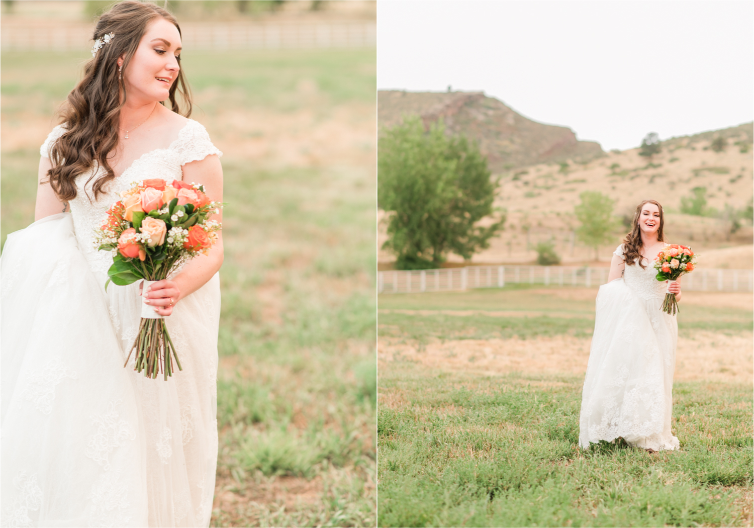 Summer Ellis Ranch Wedding in Loveland Colorado | Britni Girard Photography | Wedding Photo and Video Team | Bride hair Dondi AtWow from Sola Salon in Loveland | Floral hair crystals | Bridal Portraits | Orange Bouquet | Country Field
