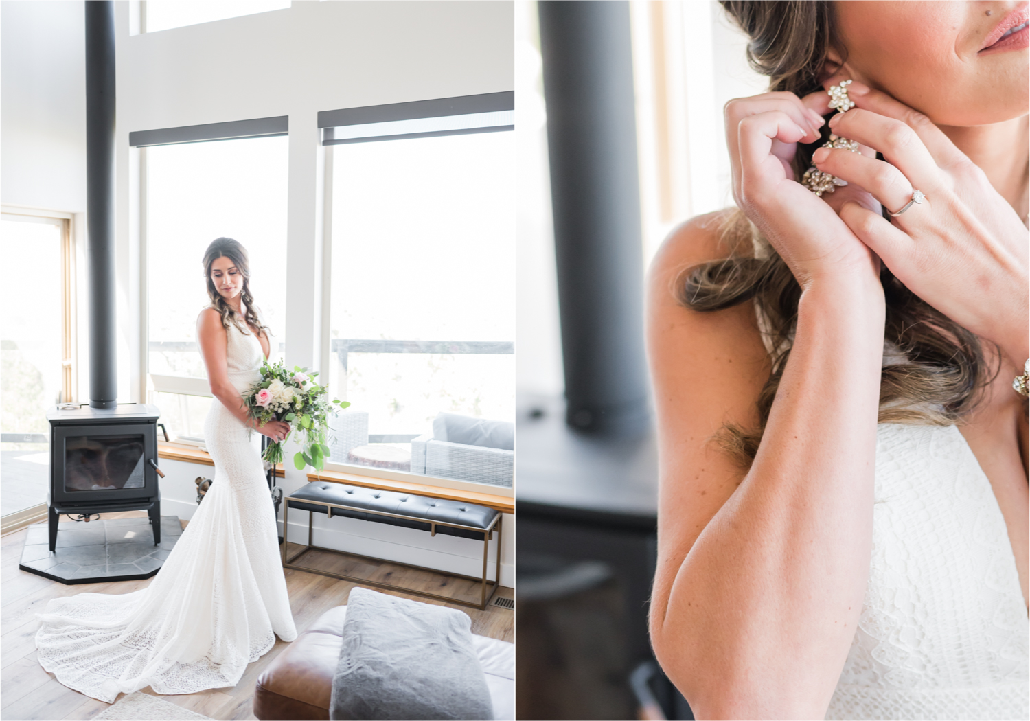 Autumn mountain wedding in Florence Colorado | Britni Girard Photography | Colorado Wedding Photo and Video Team | Mountainside Cabin for intimate wedding with rustic farm-tables and romantic details | Wedding Colors White, Dusty Rose and Sage | Bride Portraits inside mountain cabin | Florals by Skyway Creations