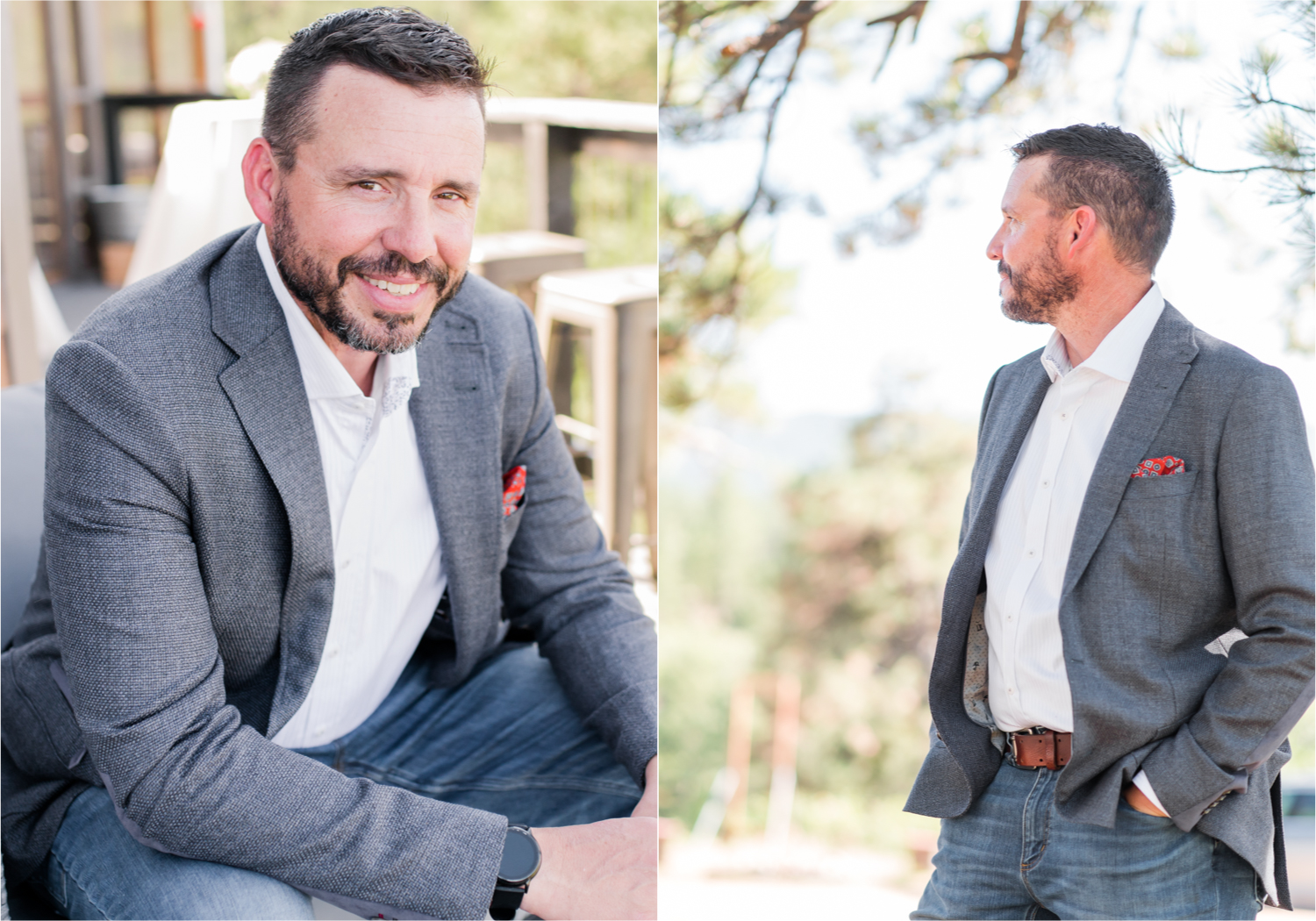 Autumn mountain wedding in Florence Colorado | Britni Girard Photography | Colorado Wedding Photo and Video Team | Mountainside Cabin for intimate wedding with rustic farm-tables and romantic details | Wedding Colors White, Dusty Rose and Sage | Groom Portraits overlooking mountains