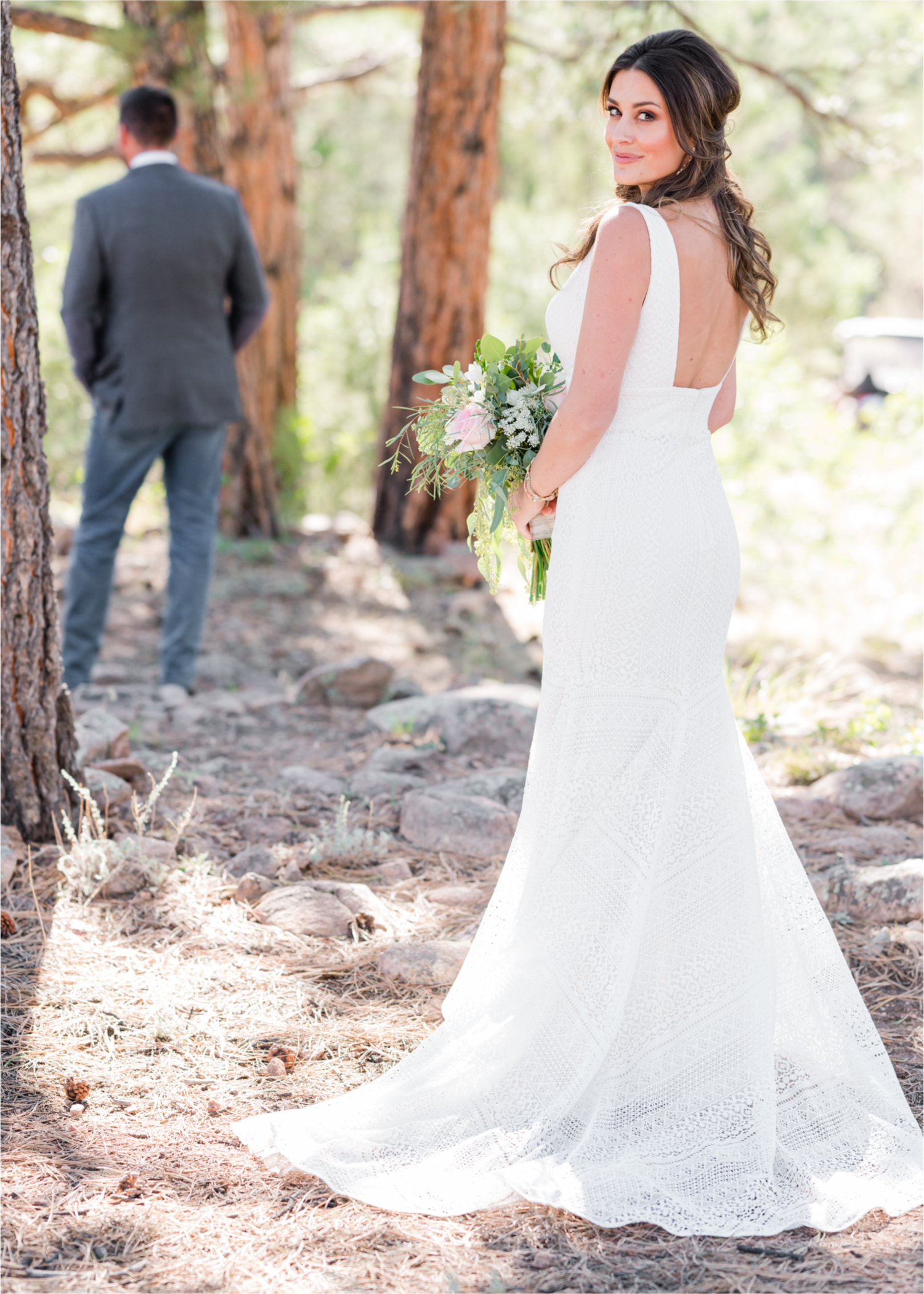 Autumn mountain wedding in Florence Colorado | Britni Girard Photography | Colorado Wedding Photo and Video Team | Mountainside Cabin for intimate wedding with rustic farm-tables and romantic details | Wedding Colors White, Dusty Rose and Sage | Florals by Skyway Creations  | Bride and Groom Portraits in the Mountains | First Look