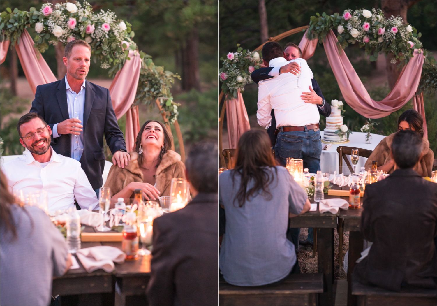 Autumn mountain wedding in Florence Colorado | Britni Girard Photography | Colorado Wedding Photo and Video Team | Mountainside Cabin for intimate wedding with rustic farm-tables and romantic details | Sunset Toast with food by The Picnic Basket