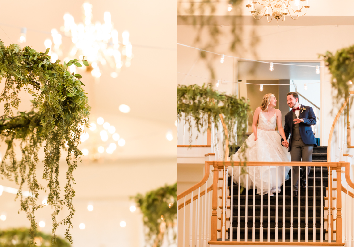 Romantic Whimsical Wedding at the Lionscrest Manor in Lyons, CO | Britni Girard Photography - Wedding Photo and Video Team | Rustic Fall Decor mixed in Burgundy, Blush, Gold and Sage | Wedding Dress from Anna Be Bridal by Hailey Paige | Hair and Makeup by Glam 5280 Chaundra Revier | Florals by Aflorae | Reception in Manor Ballroom | Bride and Groom Staircase grande entrance