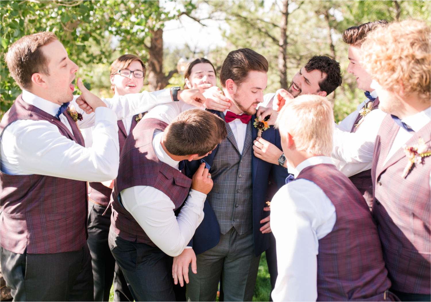 Romantic Whimsical Wedding at the Lionscrest Manor in Lyons, CO | Britni Girard Photography - Wedding Photo and Video Team | Rustic Fall Decor mixed in Burgundy, Blush, Gold and Sage | Groomsmen Getting Ready | Custom Suit from Jos. a Banks