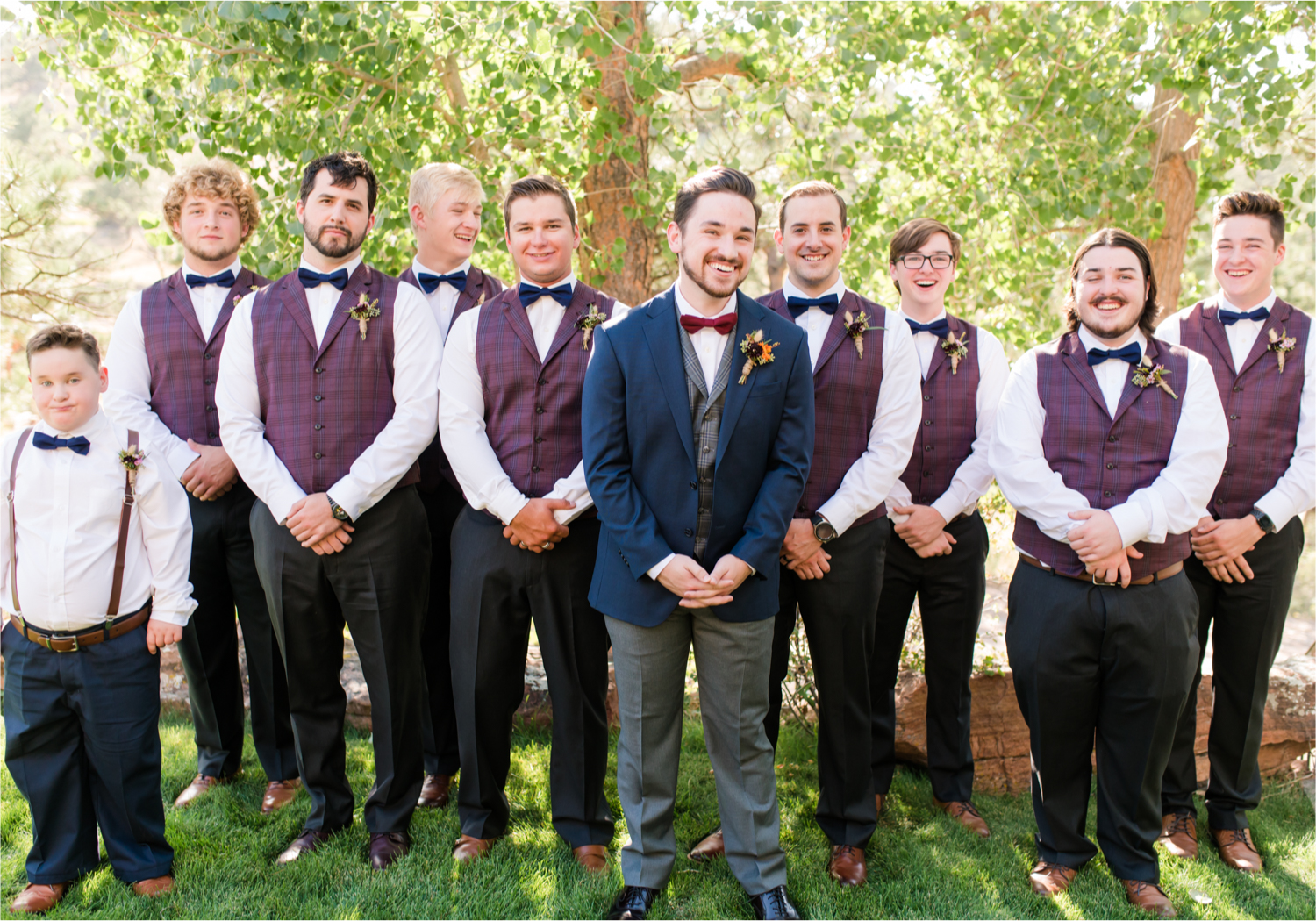 Romantic Whimsical Wedding at the Lionscrest Manor in Lyons, CO | Britni Girard Photography - Wedding Photo and Video Team | Rustic Fall Decor mixed in Burgundy, Blush, Gold and Sage | Groomsmen | Custom Suit from Jos. a Banks