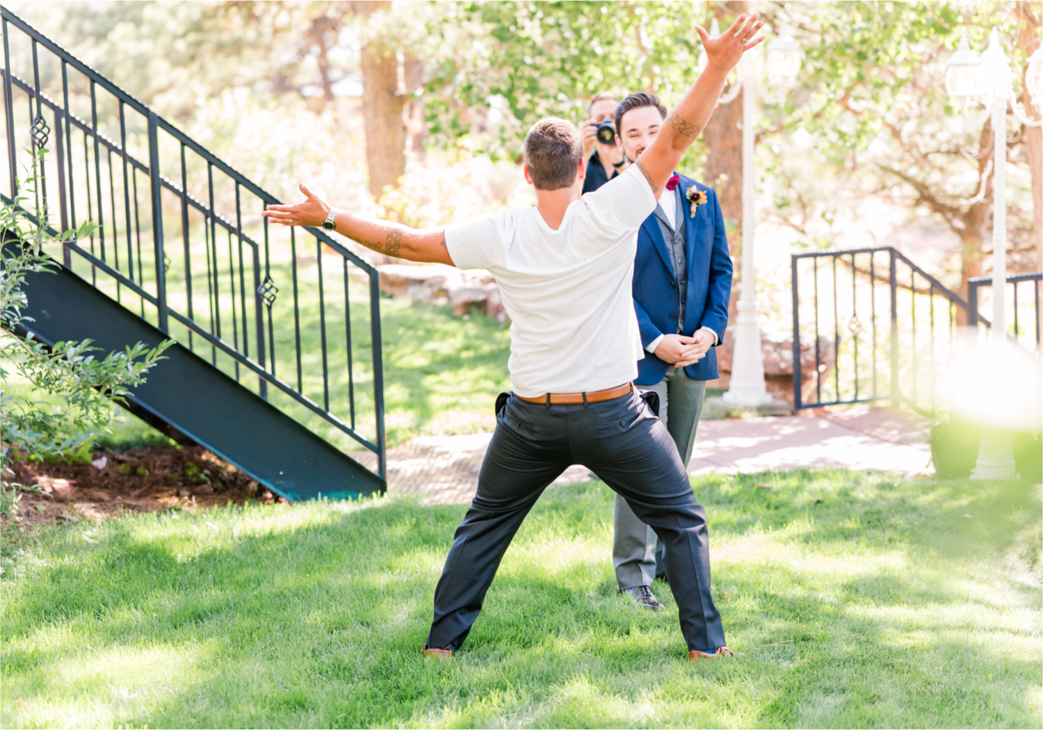 Romantic Whimsical Wedding at the Lionscrest Manor in Lyons, CO | Britni Girard Photography - Wedding Photo and Video Team | Rustic Fall Decor mixed in Burgundy, Blush, Gold and Sage | Groom in Custom Suit from Jos. a Banks | First Look Fakeout with groomsman
