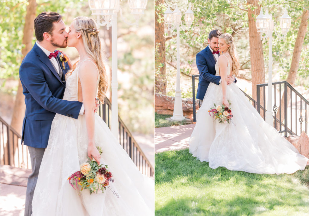 Romantic Whimsical Wedding at the Lionscrest Manor in Lyons, CO | Britni Girard Photography - Wedding Photo and Video Team | Rustic Fall Decor mixed in Burgundy, Blush, Gold and Sage | Groom in Custom Suit from Jos. a Banks | Romantic Bride and Groom Portraits in the rocky mountains | Wedding Dress from Anna Be Bridal by Hailey Paige | Hair and Makeup by Glam 5280 Chaundra Revier | Florals by Aflorae