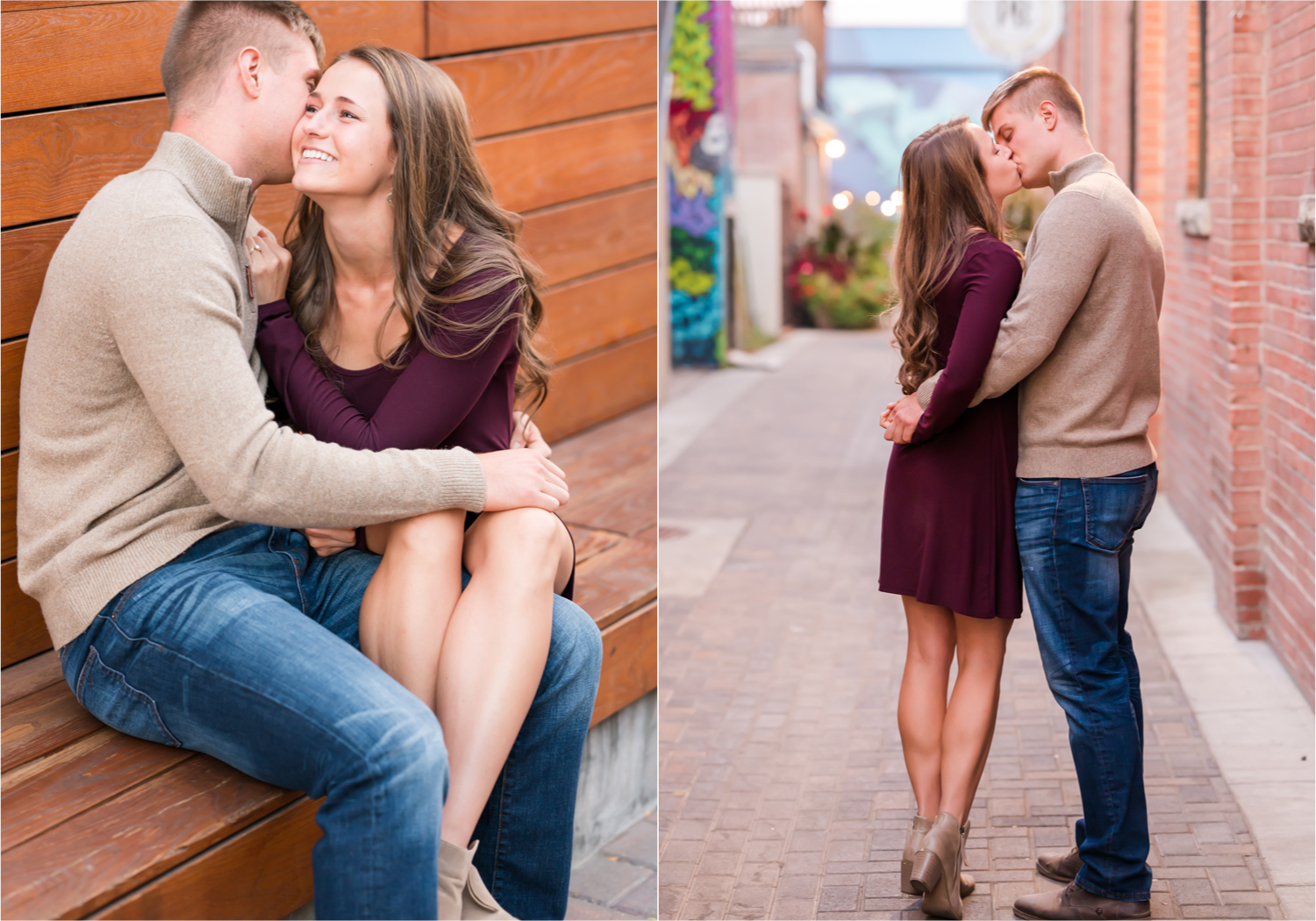 Fall Engagement in Old Town Fort Collins | Britni Girard Photography | Colorado Wedding Photography and Videography | Husband and Wife Team | Wandering the alley's and old town square with twinkle lights all around