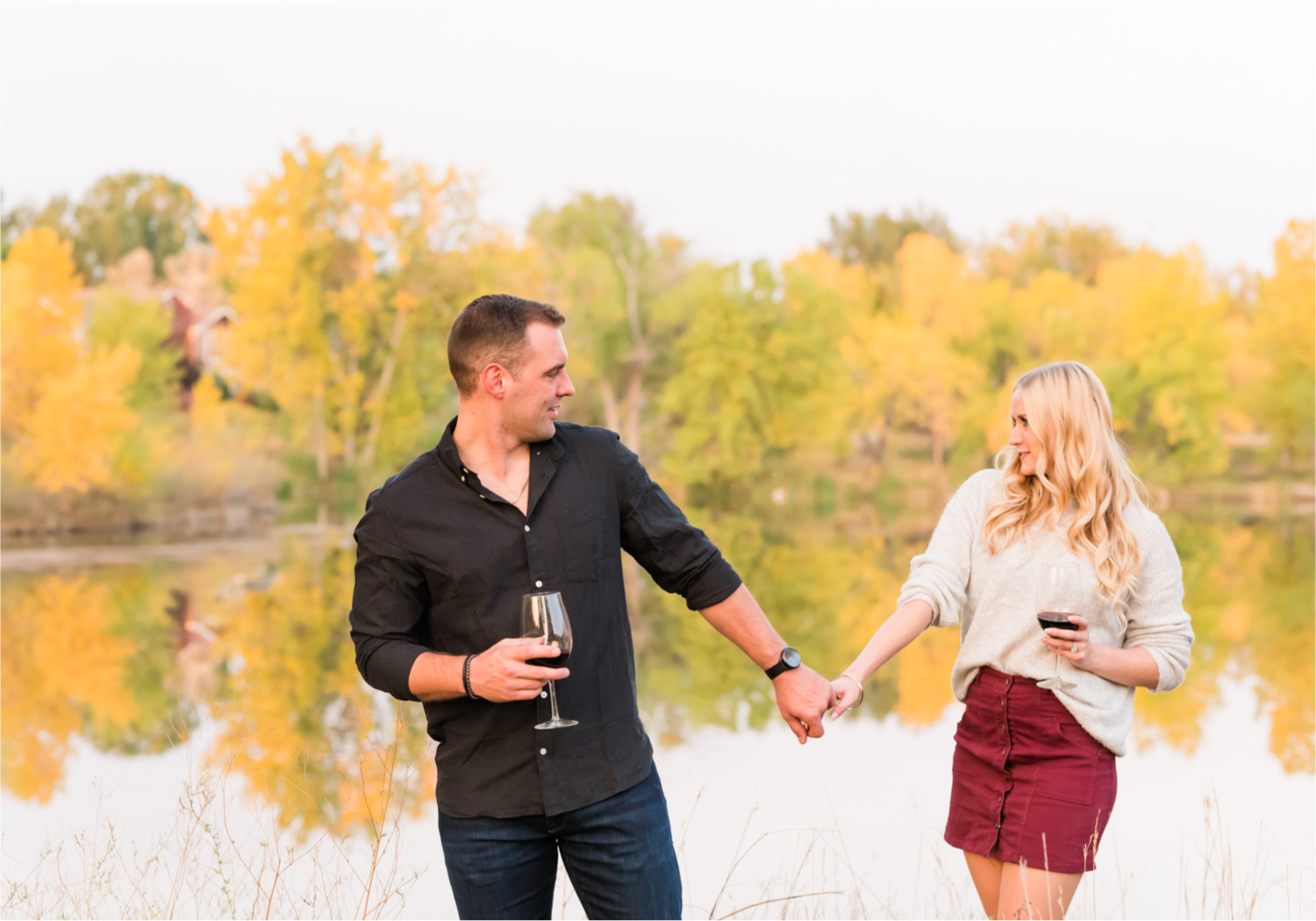 Romantic Fall Farmhouse Engagement at Prospect Ponds River Bend | Britni Girard Photography | Colorado Wedding Photographer and Videography team | Fall Leaves and Romantic Wine stroll in Fort Collins