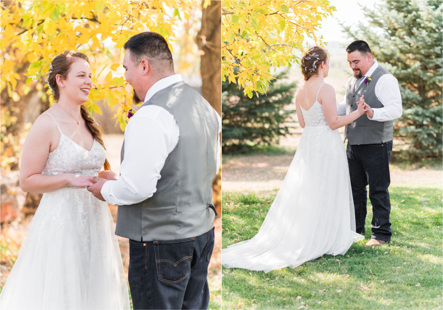 Rustic Fall Wedding at country home overlooking longs peak | Britni Girard Photography | Colorado Wedding Photography and Videography team | Fall colors, country fences leading to mountain views | Relaxed DIY wedding with elegant charm | Florals by Tahnee Wydra | Brides Dress from Abeille Bridal | Best Event Rentals