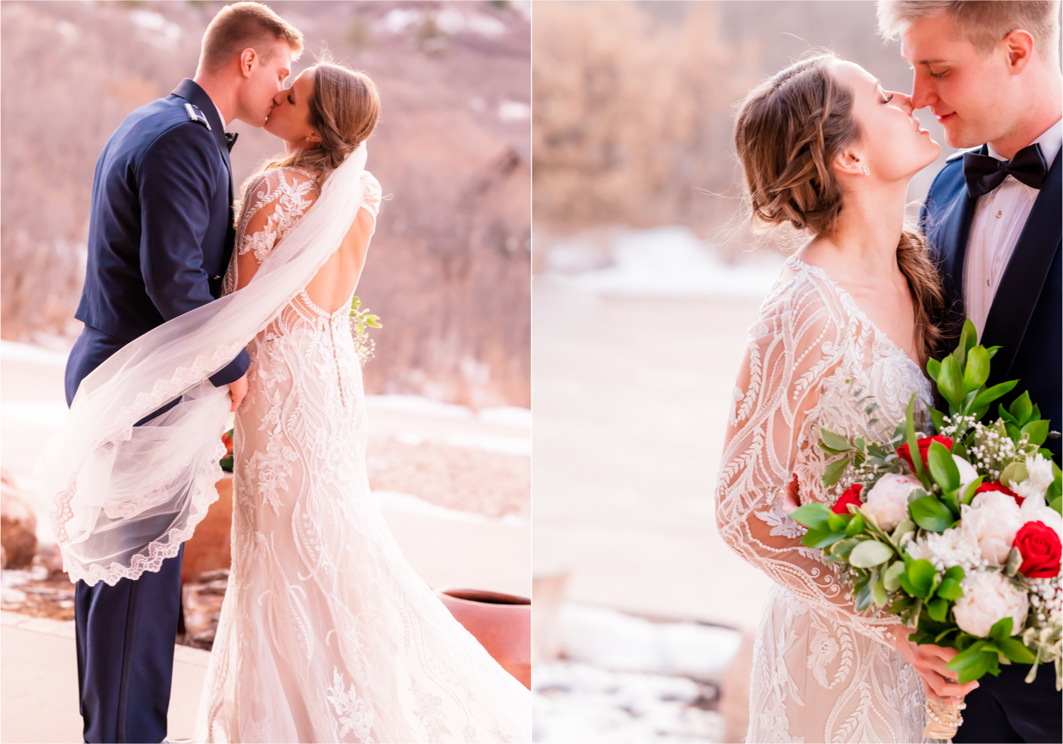Winter Wonderland Wedding in Colorado Springs | Britni Girard Photography Colorado Wedding Photography and Film Team | Snow covered mountains and Christmas just a few days away | Annika + John's Nostalgic Winter Wedding | Bride's Dress iDream Bridal Essence of Australia | Air Force Academy | Sunset just married photos with veil flying