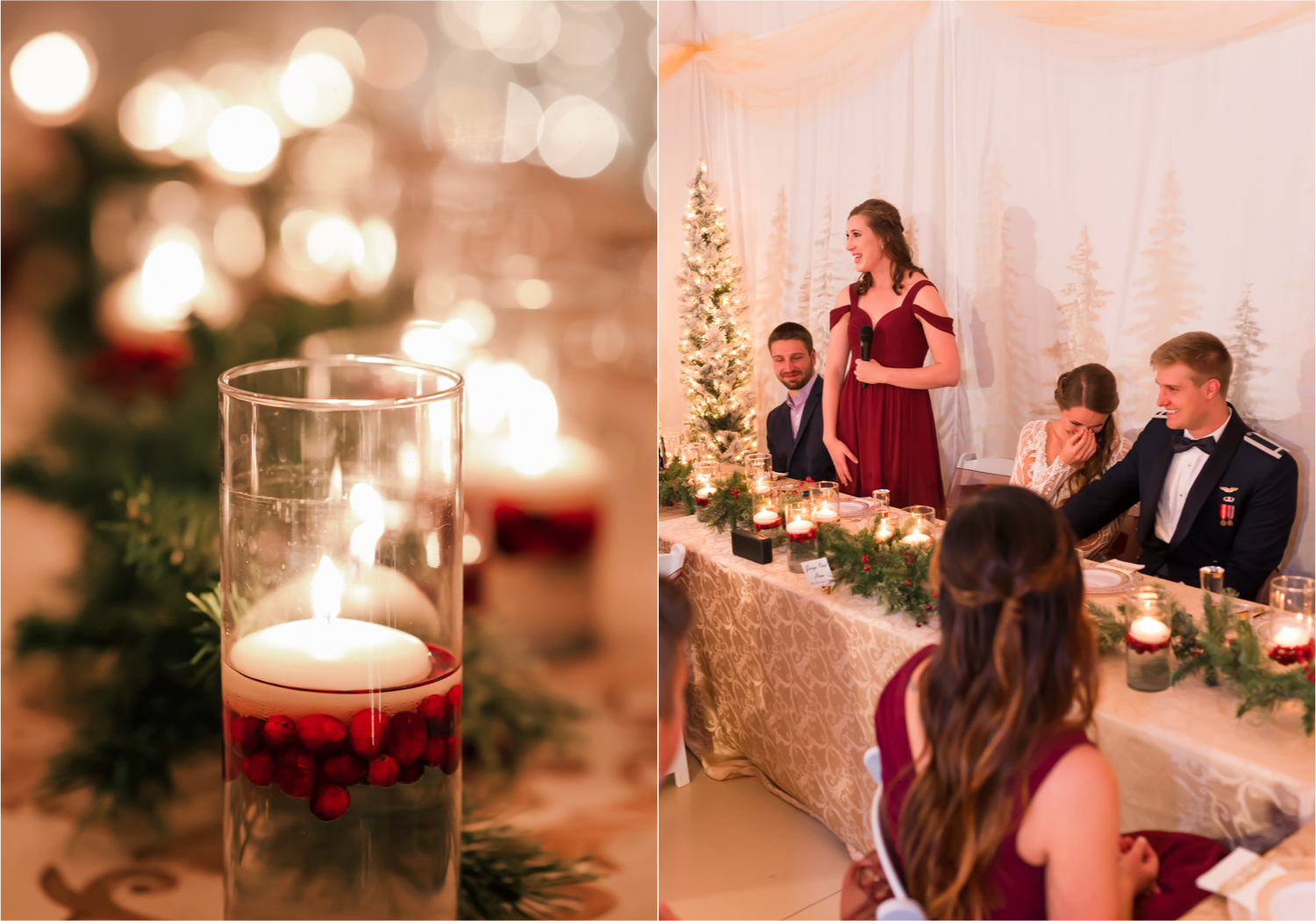 Winter Wonderland Wedding in Colorado Springs | Britni Girard Photography Colorado Wedding Photography and Film Team | Snow covered mountains and Christmas just a few days away | Annika + John's Nostalgic Winter Wedding | Bride's Dress iDream Bridal Essence of Australia | Air Force Academy | Reception with hand-painted mountain backdrops, candelight and Christmas trees.  Burgundy, Navy and Gold