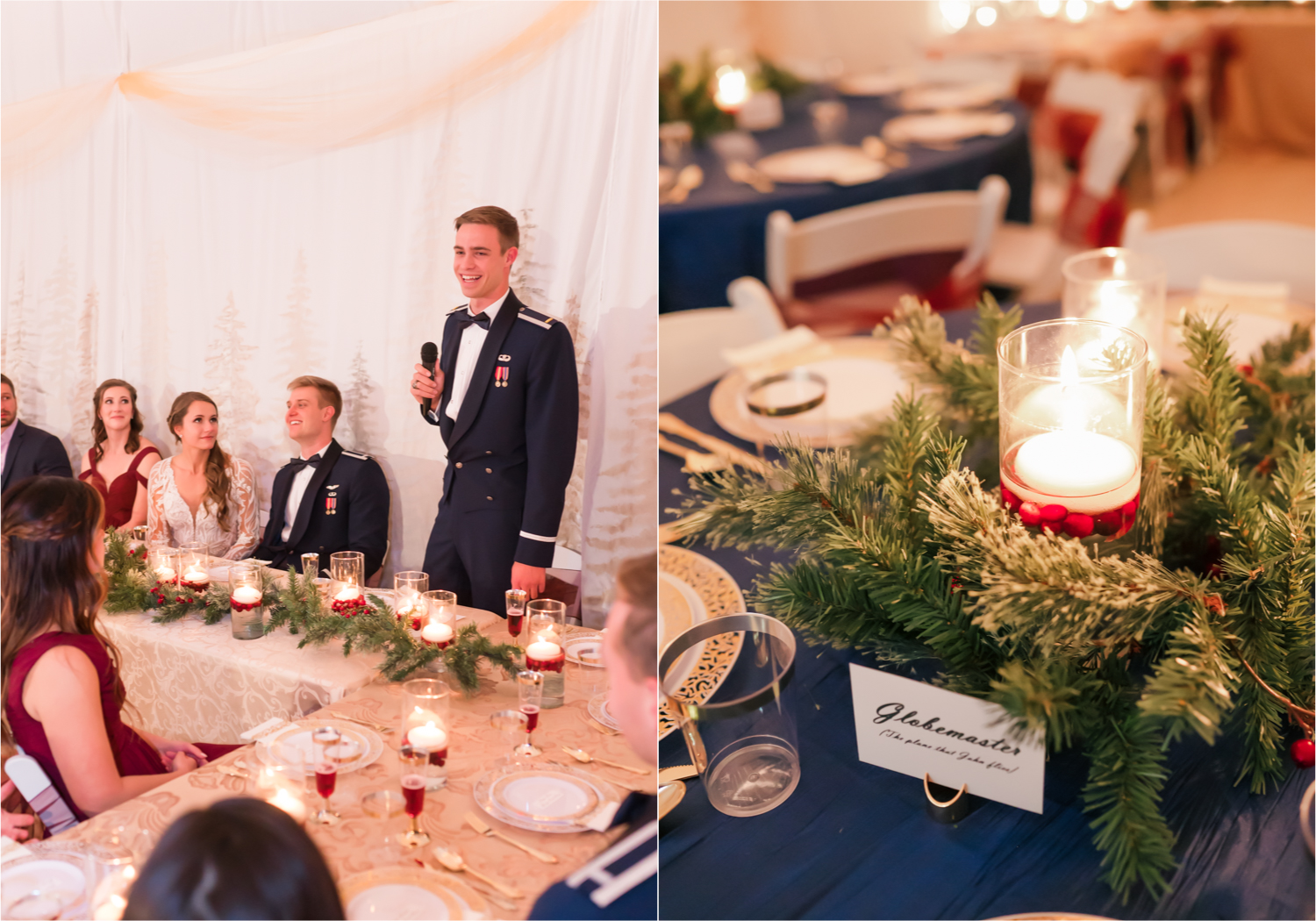 Winter Wonderland Wedding in Colorado Springs | Britni Girard Photography Colorado Wedding Photography and Film Team | Snow covered mountains and Christmas just a few days away | Annika + John's Nostalgic Winter Wedding | Bride's Dress iDream Bridal Essence of Australia | Air Force Academy | Reception with hand-painted mountain backdrops, candelight and Christmas trees.  Burgundy, Navy and Gold