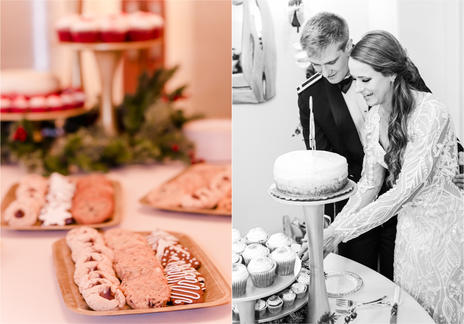 Winter Wonderland Wedding in Colorado Springs | Britni Girard Photography Colorado Wedding Photography and Film Team | Snow covered mountains and Christmas just a few days away | Annika + John's Nostalgic Winter Wedding | Bride's Dress iDream Bridal Essence of Australia | Air Force Academy | Reception with hand-painted mountain backdrops, candelight and Christmas trees.  Burgundy, Navy and Gold | Cakes by King Soopers with 7 types of Christmas Cookies