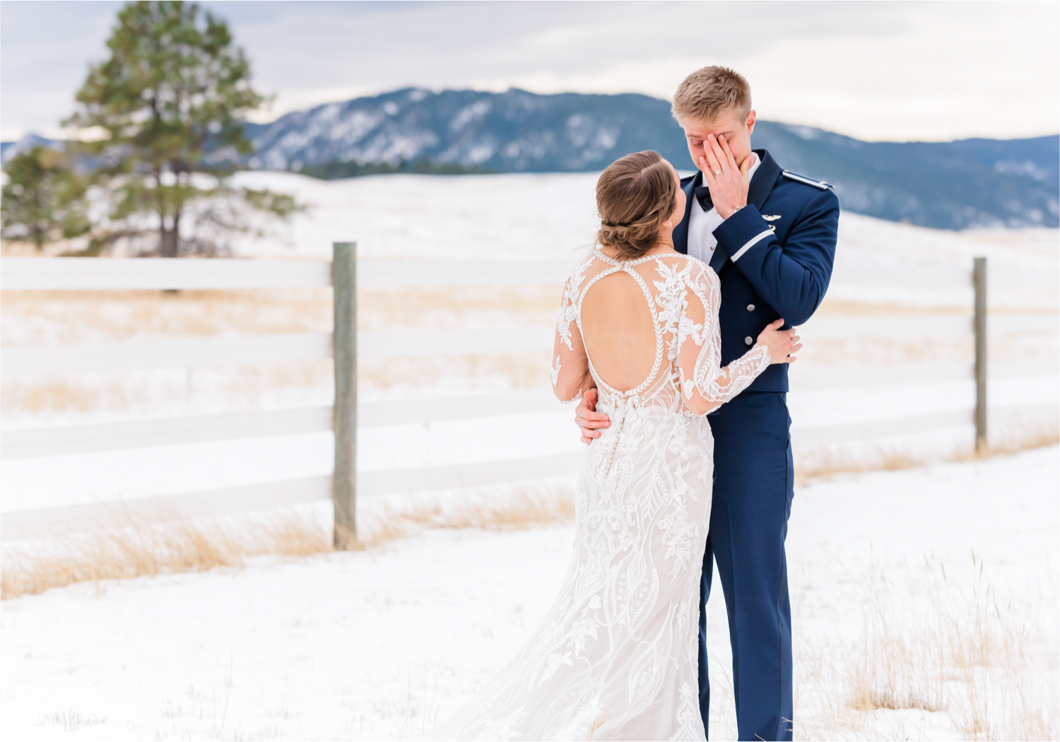 Winter Wonderland Wedding in Colorado Springs | Britni Girard Photography Colorado Wedding Photography and Film Team | Snow covered mountains and Christmas just a few days away | Annika + John's Nostalgic Winter Wedding | Bride's Dress iDream Bridal Essence of Australia | Air Force Academy | First Look in Snow and Bride and Groom Letters back to back