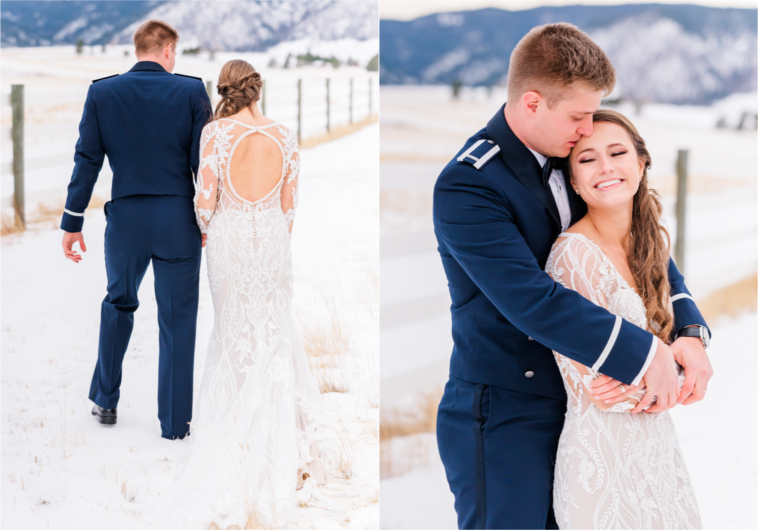 Winter Wonderland Wedding in Colorado Springs | Britni Girard Photography Colorado Wedding Photography and Film Team | Snow covered mountains and Christmas just a few days away | Annika + John's Nostalgic Winter Wedding | Bride's Dress iDream Bridal Essence of Australia | Air Force Academy | Snowy Bride and Groom Portraits