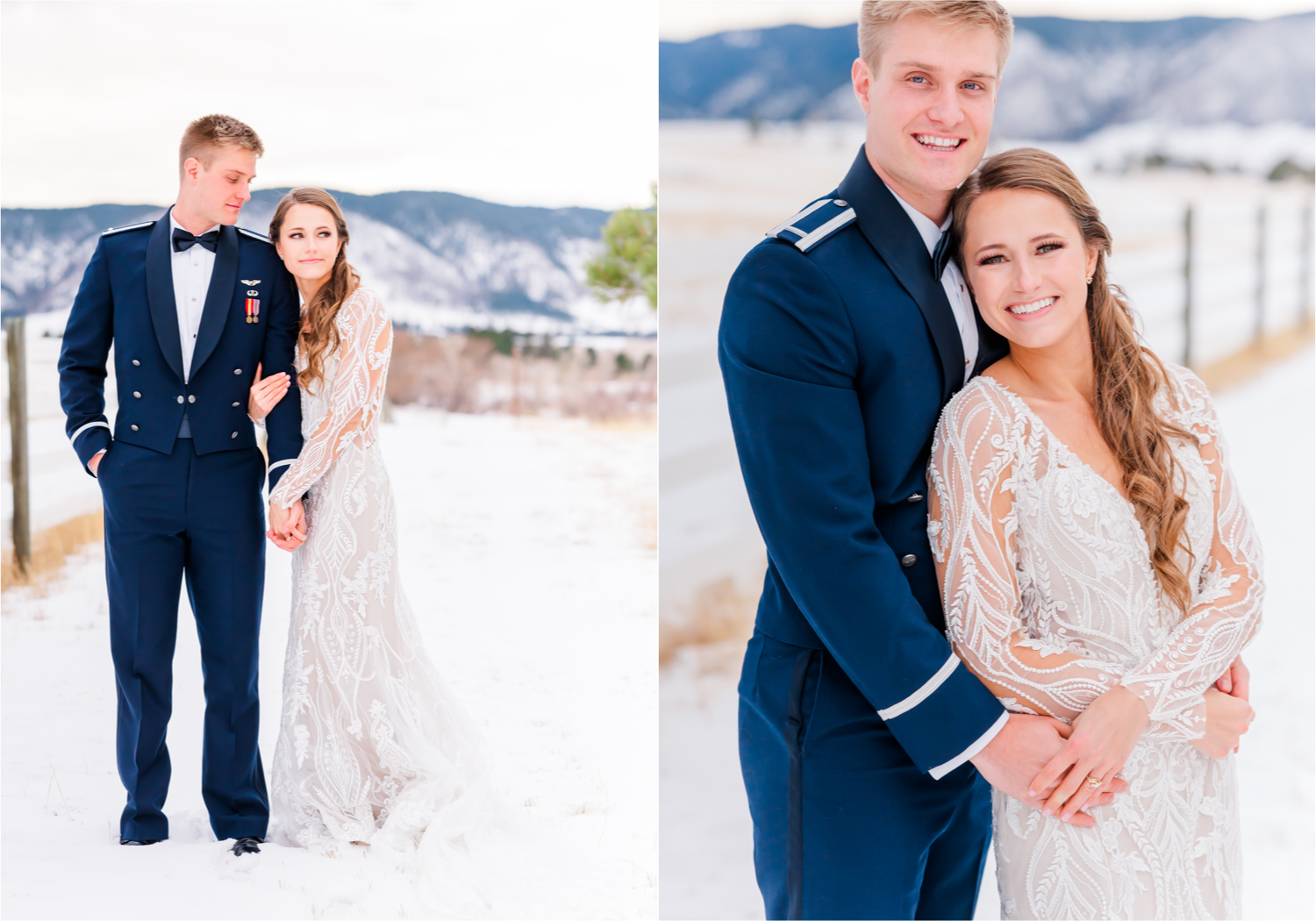 Winter Wonderland Wedding in Colorado Springs | Britni Girard Photography Colorado Wedding Photography and Film Team | Snow covered mountains and Christmas just a few days away | Annika + John's Nostalgic Winter Wedding | Bride's Dress iDream Bridal Essence of Australia | Air Force Academy | Snowy Bride and Groom Portraits