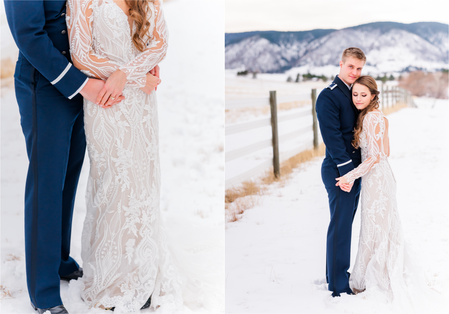 Winter Wonderland Wedding in Colorado Springs | Britni Girard Photography Colorado Wedding Photography and Film Team | Snow covered mountains and Christmas just a few days away | Annika + John's Nostalgic Winter Wedding | Bride's Dress iDream Bridal Essence of Australia | Air Force Academy | Snowy Bride and Groom Portraits