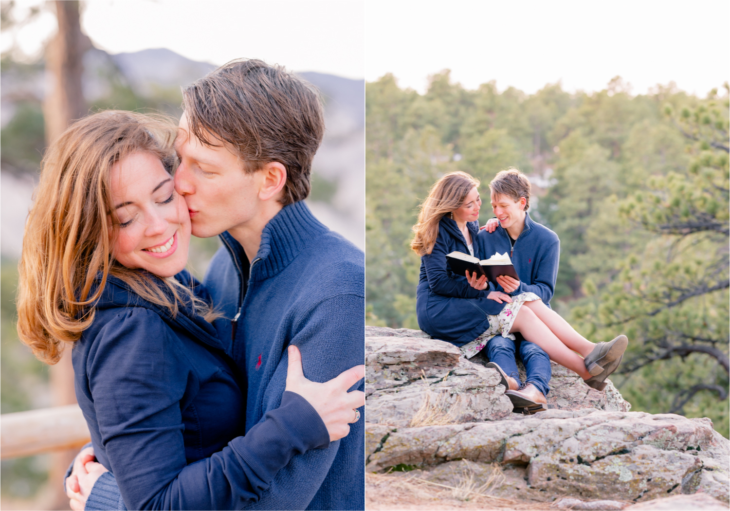 Winter Engagement on Lookout Mountain in Golden Colorado | Britni Girard Photography | Destination Photo and Video Team | Epic views of Golden, dreamy sunsets, dancing and snuggles.  A sweet couple shares time of prayer together during their romantic engagement session.