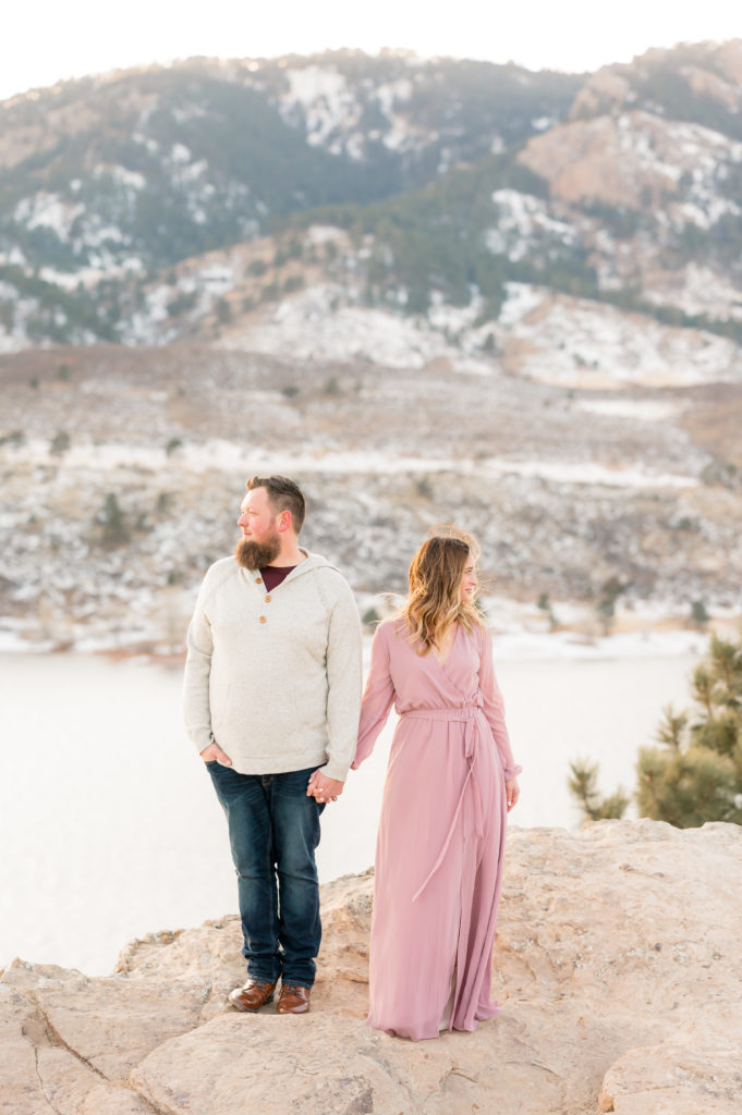 Flowy blush dress for Engagements in winter | Britni Girard Photography - Colorado Wedding Photographer and Video Team | Horsetooth Winter Engagement Session