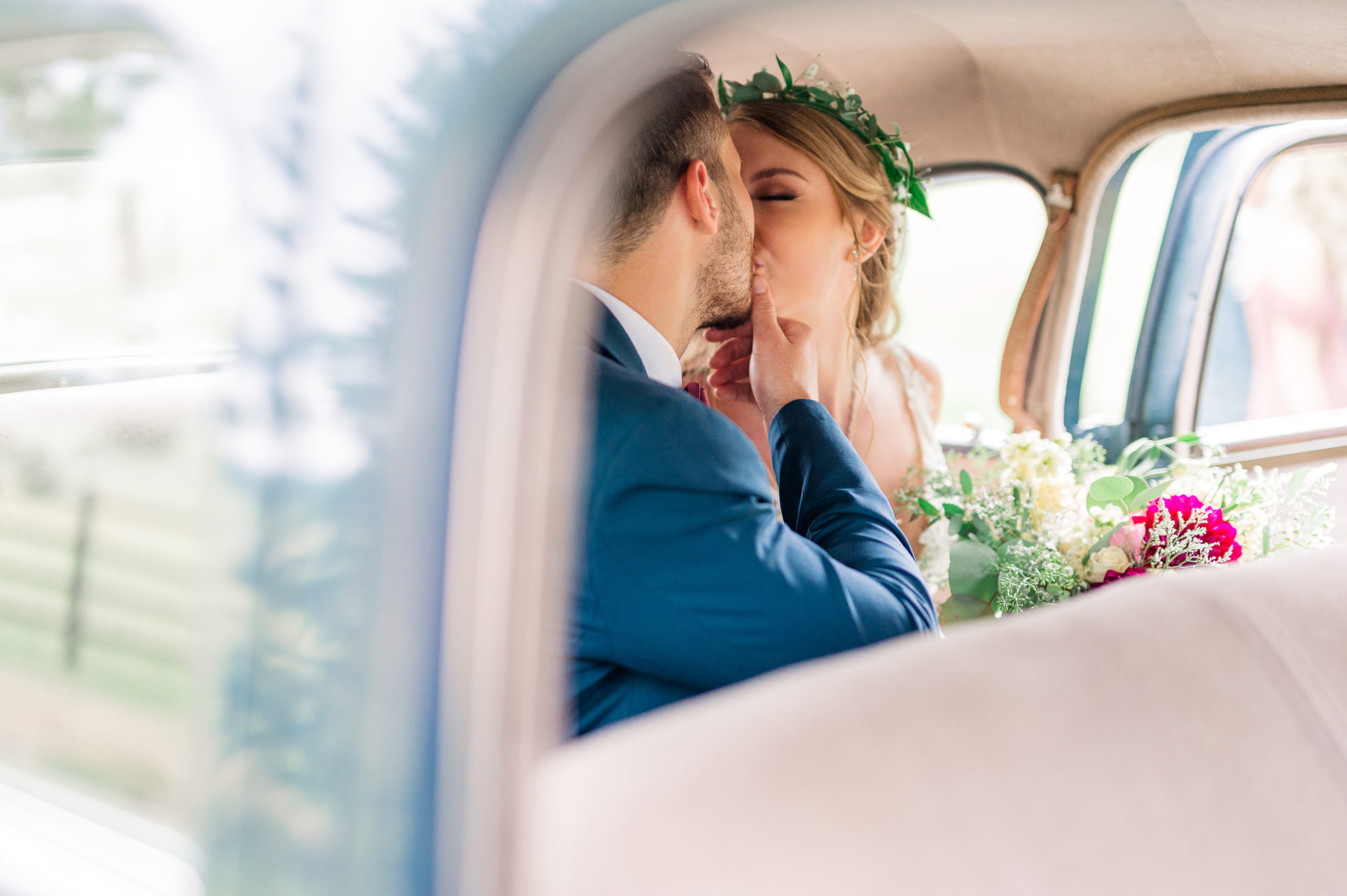 Summer Destination Wedding at Spruce Mountain Ranch | Bride and Groom Getaway car | Britni Girard Photography